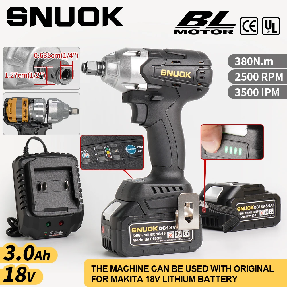 

SNUOK 18V 1/2"Brushless Impact Set 1/4" Drill Wrench 380N.m 3 Speed DIY/Car Repair Cordless Power Tool For Makita Li-ion Battery