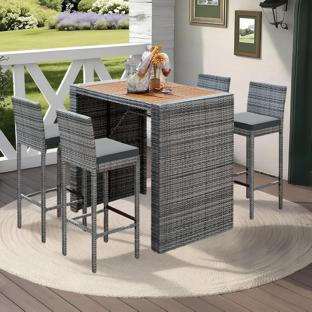 5 Piece Rattan Patio Bar Set,Wicker Conversation Set Outdoor Furniture Set with Wood Desktop,4 High Stools,Dining Table