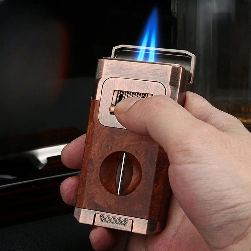 2024 Unique Cigar Lighter With V Cutter Cigar Holder Double Jet Flame Butane Refillable Torch Lighter Luxury Cigar Accessories