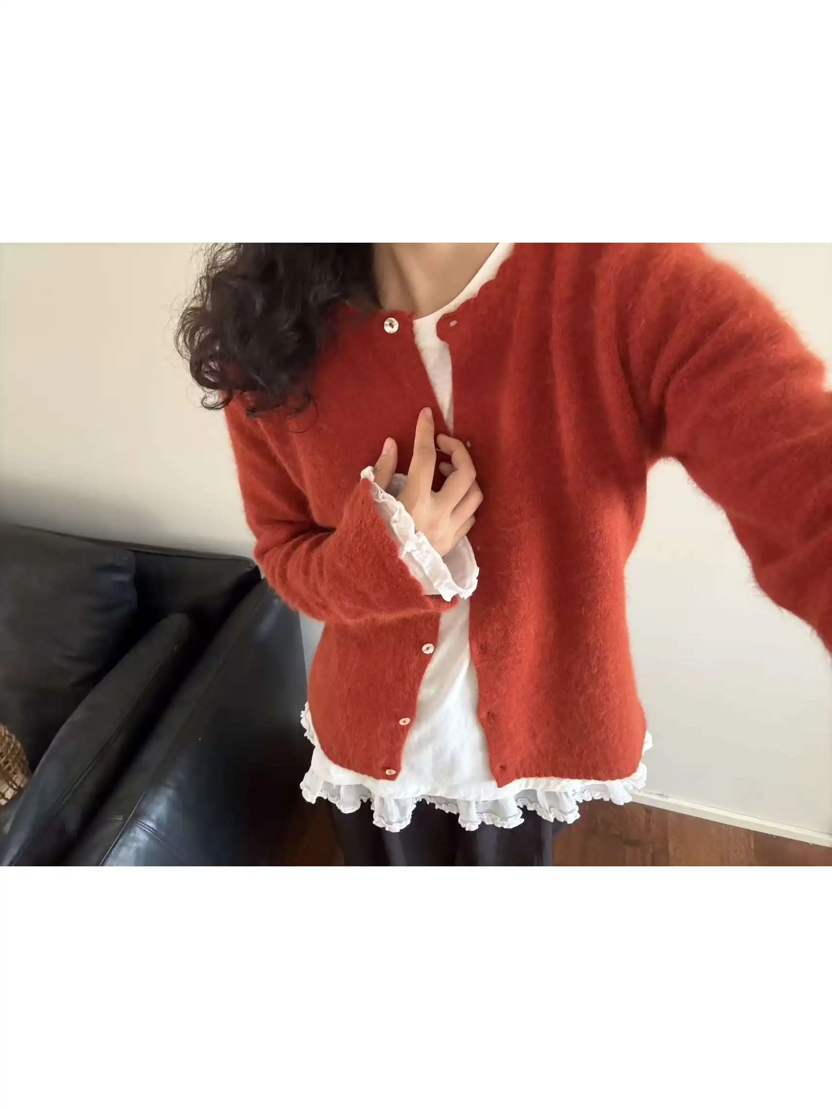

Handmade Tomato Red Raccoon Fur Knitted Open Cardigan Soft Warm Long Sleeve round Neck Short Length Single Button Casual Style