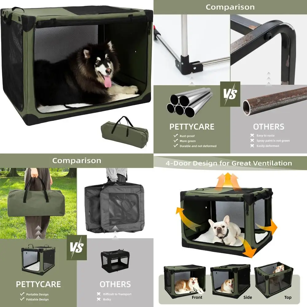 

Portable 4-Door Soft-Sided Dog Crate, 42 Inch, Collapsible with Durable Mesh and Curtains for Travel and Folding Pet Kennel