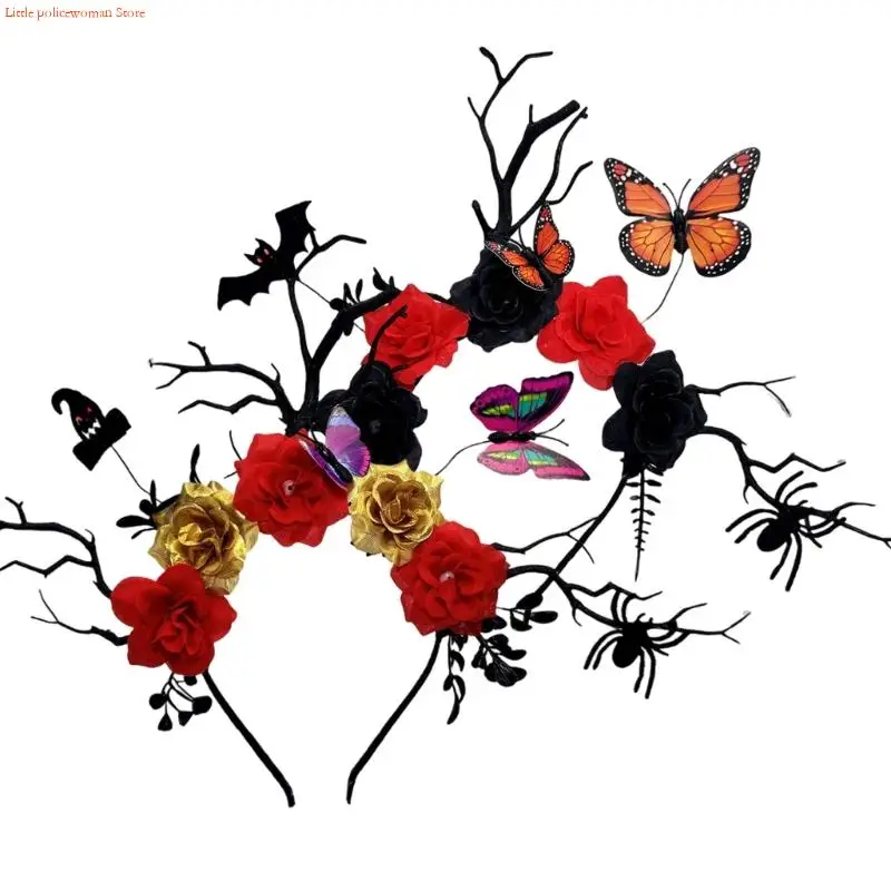 F92D Halloween Deer Antlers adtlers ที่มีรายละเอียดผีเสื้อค้างคาวและเครื่องประดับผมสาขาดอกไม้สีดำสำหรับงานปาร์ตี้เครื่องแต่งกาย