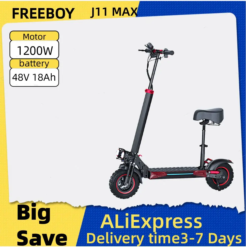 

FREEBOY J11 MAX Электрический самокат для взрослых, двигатель 1200 Вт, 48 В, 18 Ач, аккумулятор, складной электронный самокат, 11 толстых шин, электронный горный скутер
