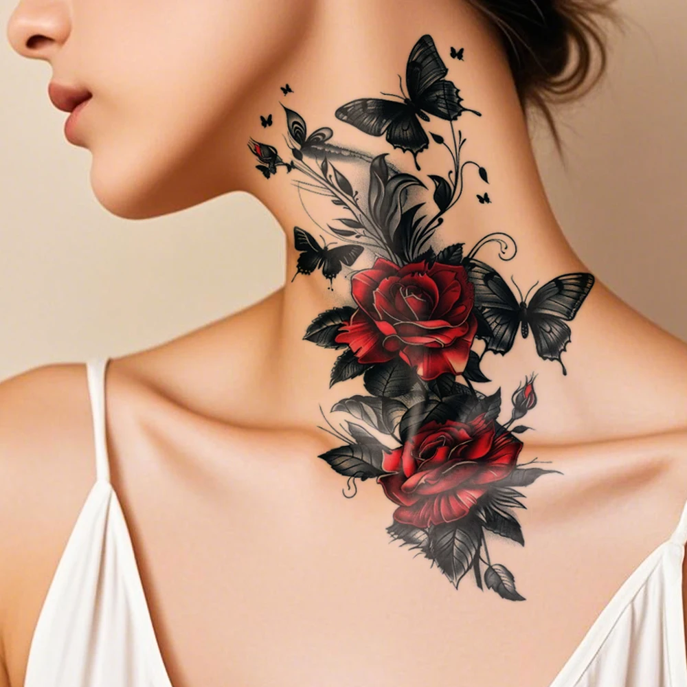 4pcs Waterproof Temporary Tattoo Sticker Dark Style Butterfly Red Rose Flowers Leaves Body Art Arm Fake Tattoos Sleeve Women Men
