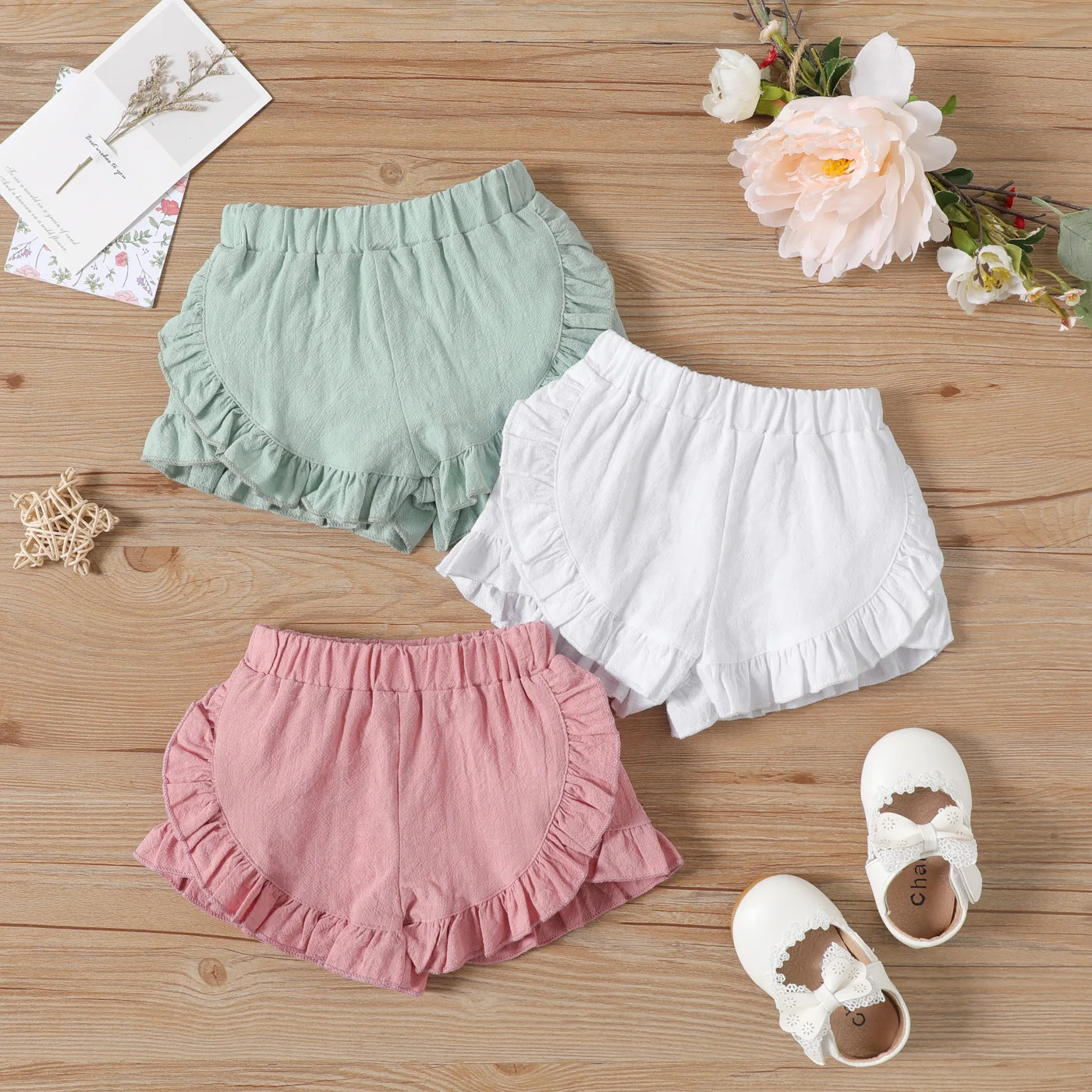 

PatPat Baby Girl 100% Cotton Solid Ruffle Trim Shorts