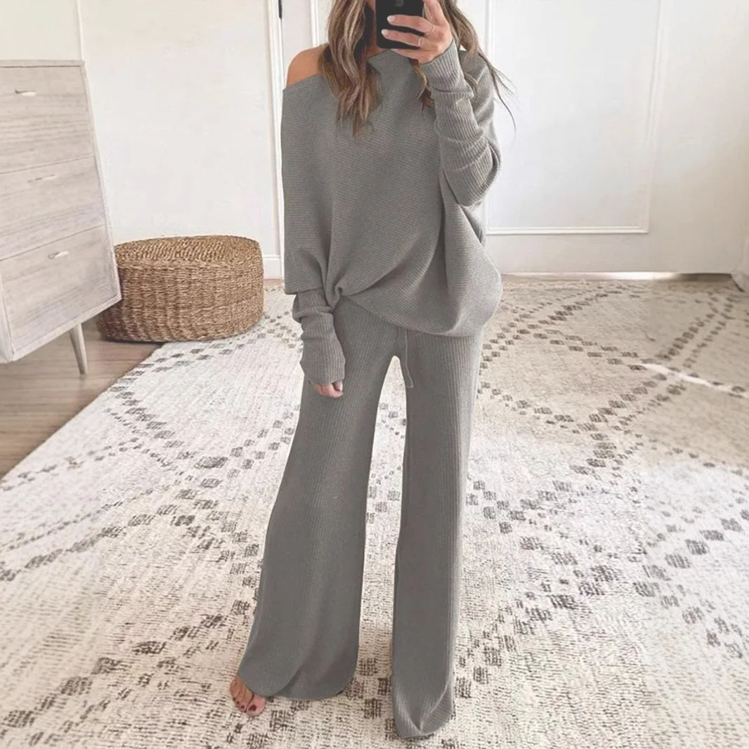 

2025 new damen herbstmode Slim loose top with off-shoulder collar + solid color wide-leg pants women clothing 2 piece set ladies