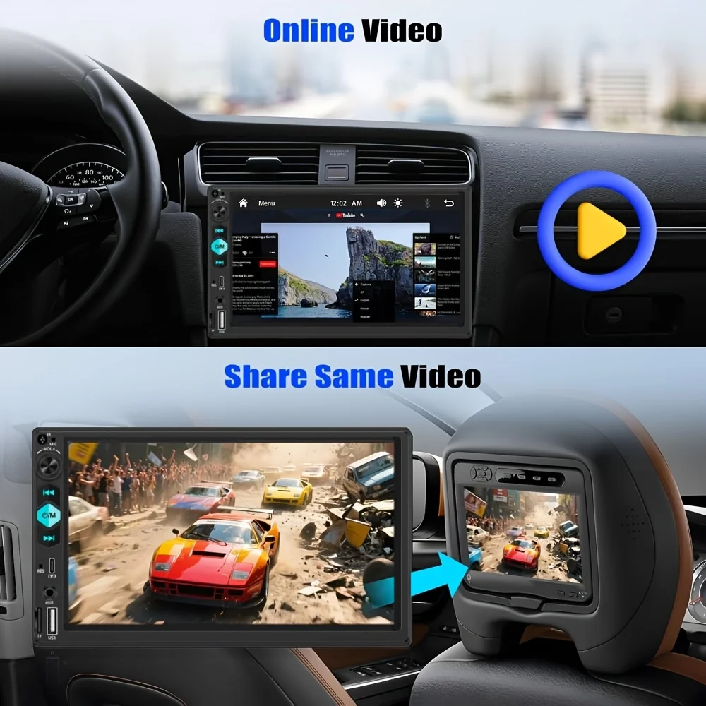 مشغل MP5 للسيارة مقاس 7 بوصات مع كاميرا عكسية 8LED، وصلة مرآة لشاشة اللمس 2DIN، BT لاسلكي، FM، بطاقة USB/TF/منفذ AUX/Type-C