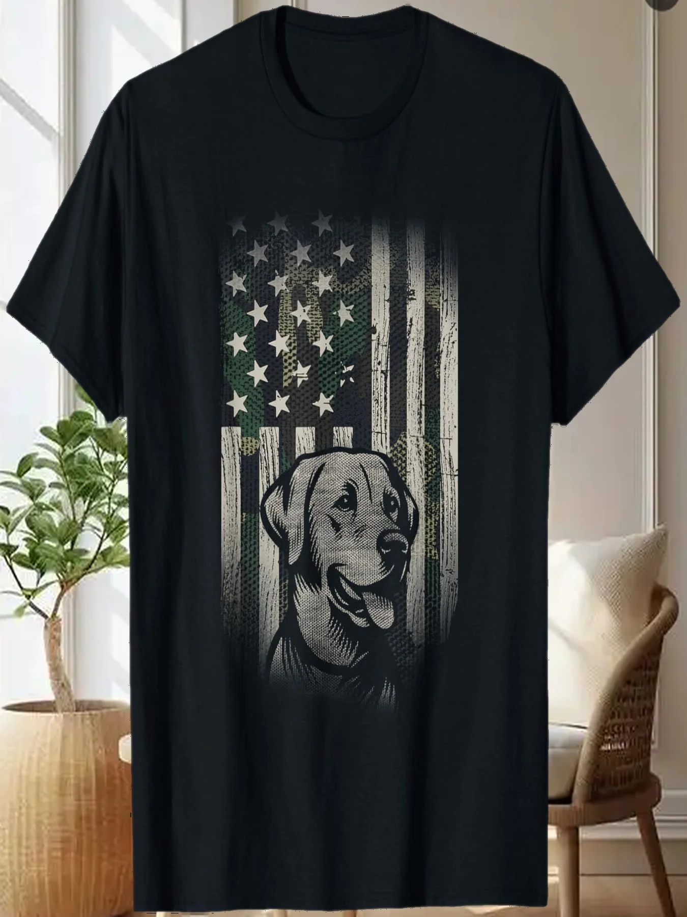 

Камуфляжная футболка с американским флагом, черный лабрадор, 4 июля, патриотическая собака