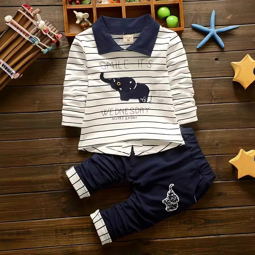 Toddler Boys 2Pcs Outfit Set Striped Elephant Print Lapel Long Sleeve T-shirt Elastic Waist Pants Kids Casual Daily Clothing Set