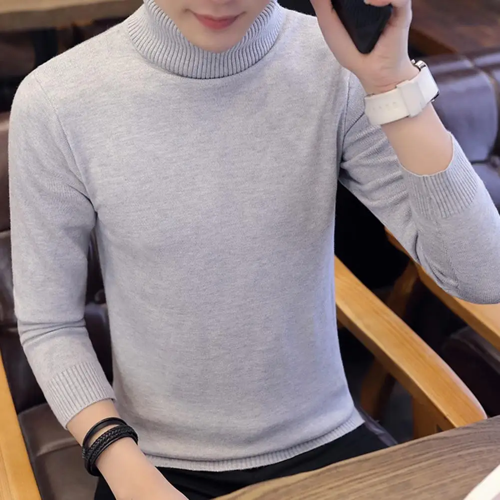 Men Solid Color Sweater Men's Turtleneck Sweater with Fleece Lining Warm Knitted Pullover Jumper for Autumn Winter Slim Fit