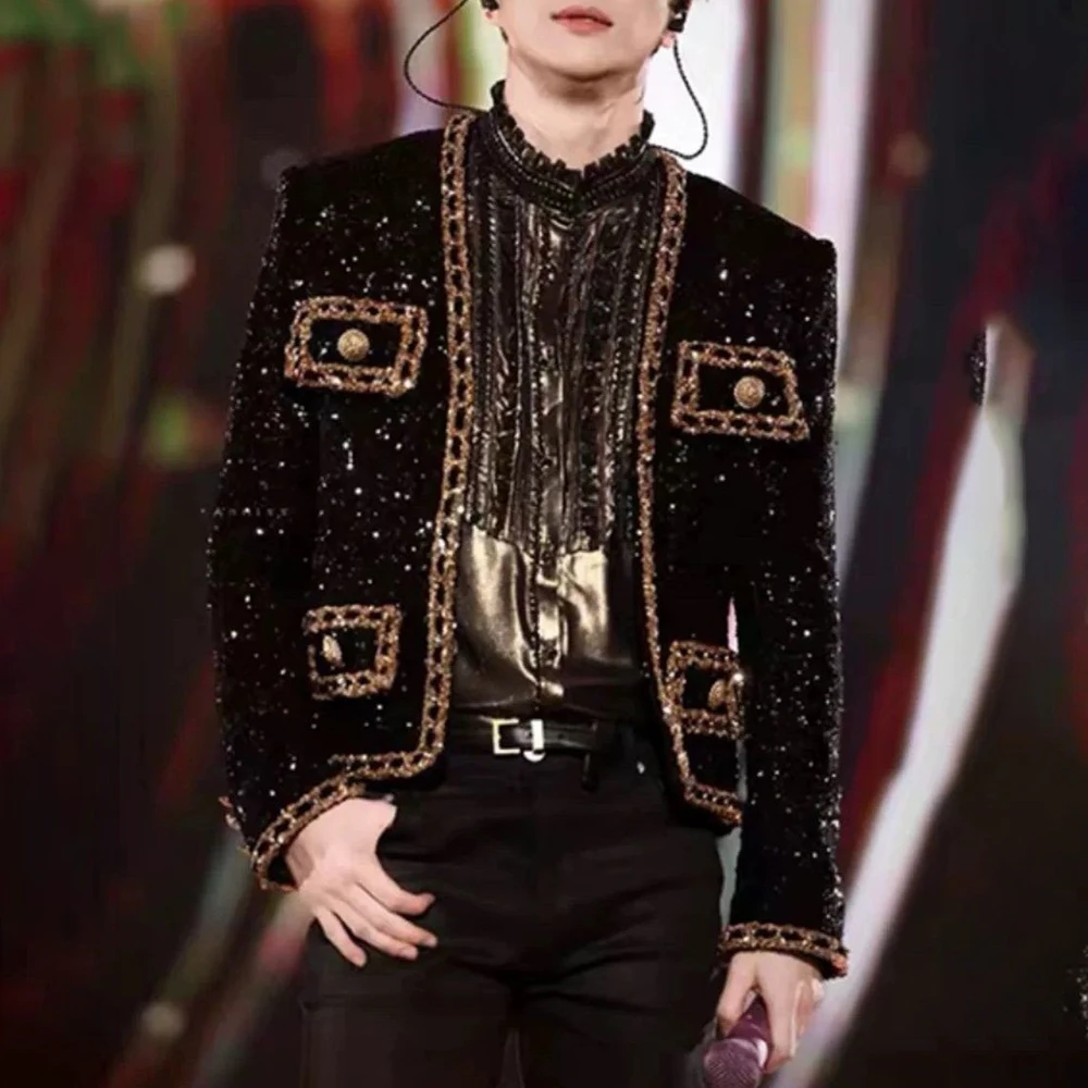 2026 Autumn New Men's Sequined Long-Sleeved Jacket French Light Luxury Retro Fashion Trend High Street Loose Niche Men's Top