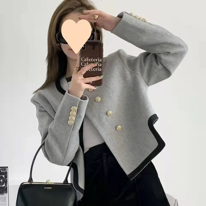 Women's Blazer Chic Elegant Round Neck Clothing Casual Temperament Double-breasted Irregular Long Sleeve Coat Clothes Top New