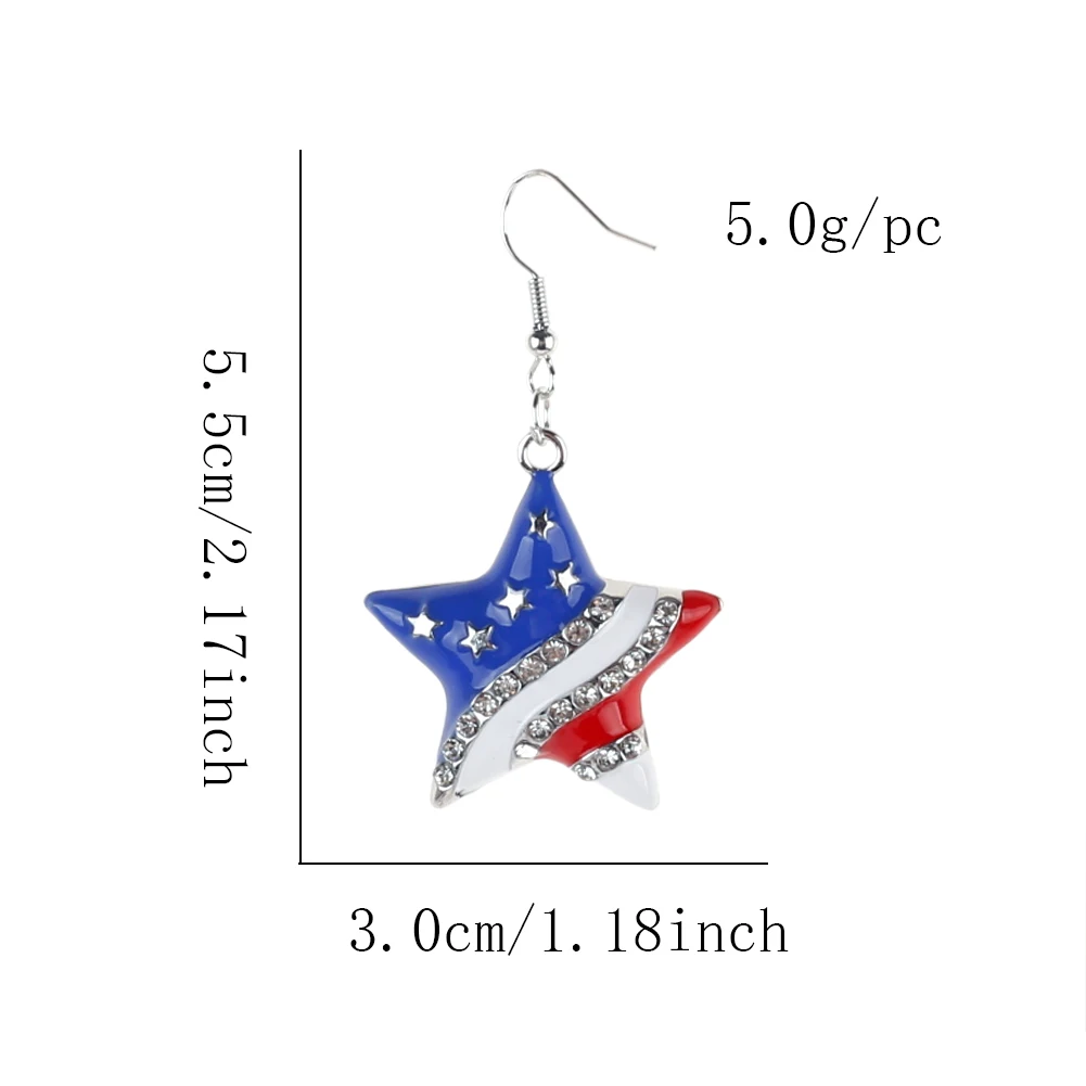 Rhinestone Decor Patriotic Star Earrings Red White Blue Design Alloy Five Pointed Star Earrings for Ladies Fashion Party Jewelry