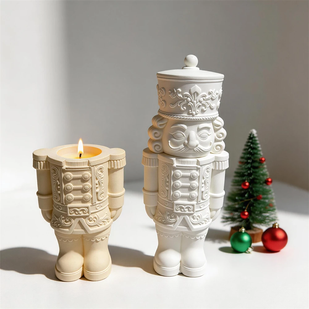Nutcracker Candle Tea Light Silicone Mold Nutcracker Statue Storage Concrete Candle Jar Silicone Mould For Christmas Ornament