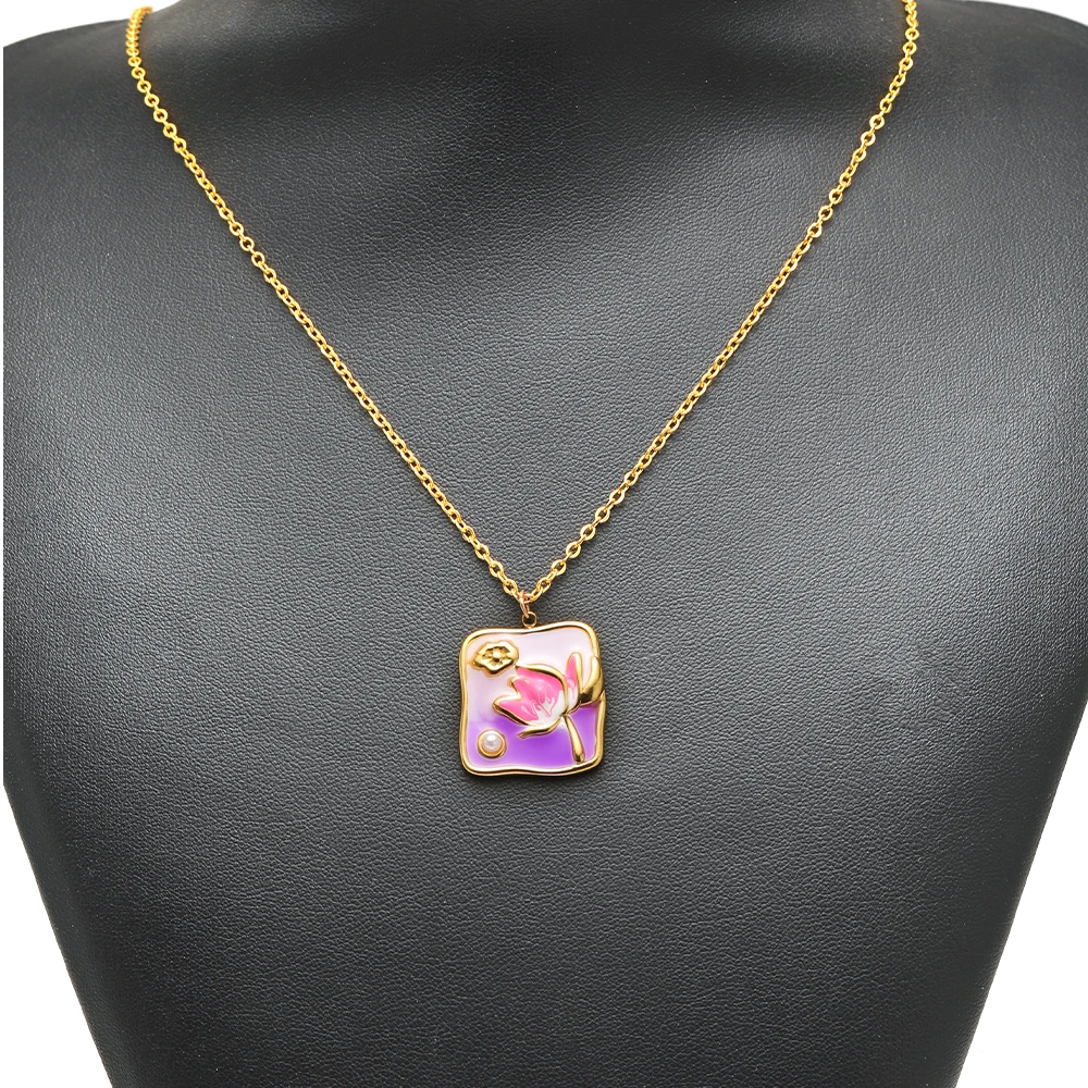 4Pcs Stainless Steel Enamel Flowers Pearl Pendants Geometric Charms for DIY Exquisite Jewelry Making Necklace Earrings Supplies - view 6