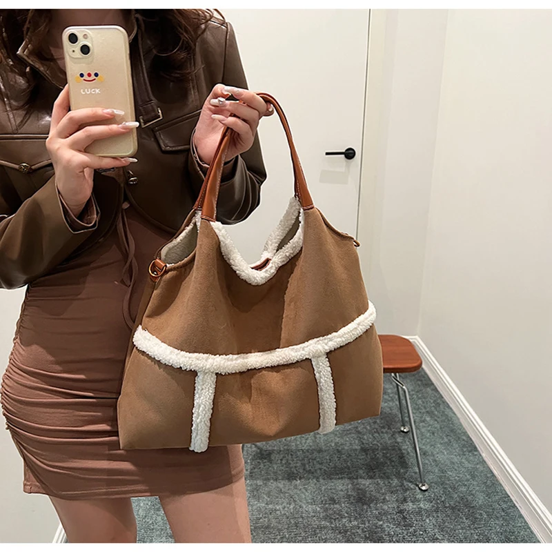 Fashion Trend Lamb Wool Patchwork Handbag For Women Autumn Winter New Large Capacity Versatile Suede One Shoulder Crossbody Bags