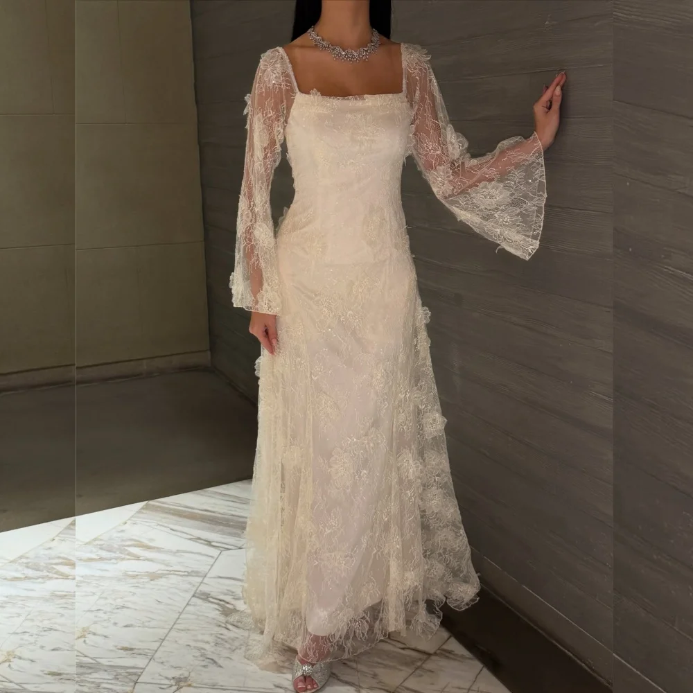 تخصيص عالية الجودة ساحة الرقبة الطية الدانتيل ألف خط فساتين طويلة المرأة مساء اللباس مفصل مناسبة حفل زفاف ثوب