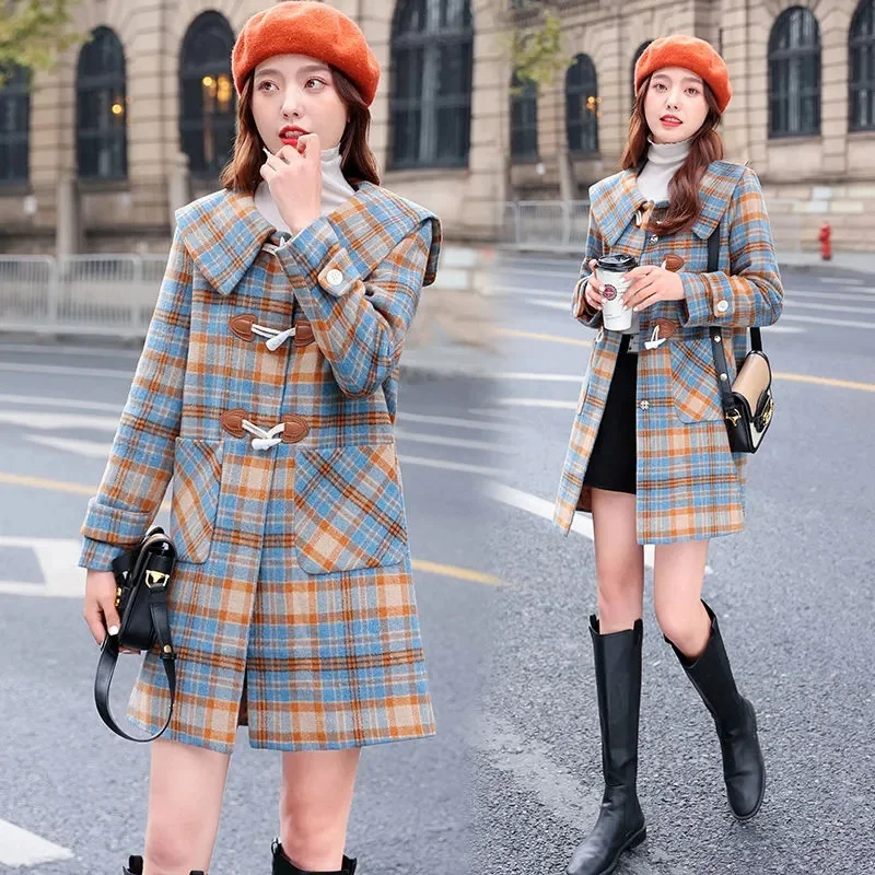 

2024 Autumn And Winter Jacket Be All-Match Slim Cashmere Woolen Coat Women Plaid Cotton Padded Keep Warm Coat Girl New Coat
