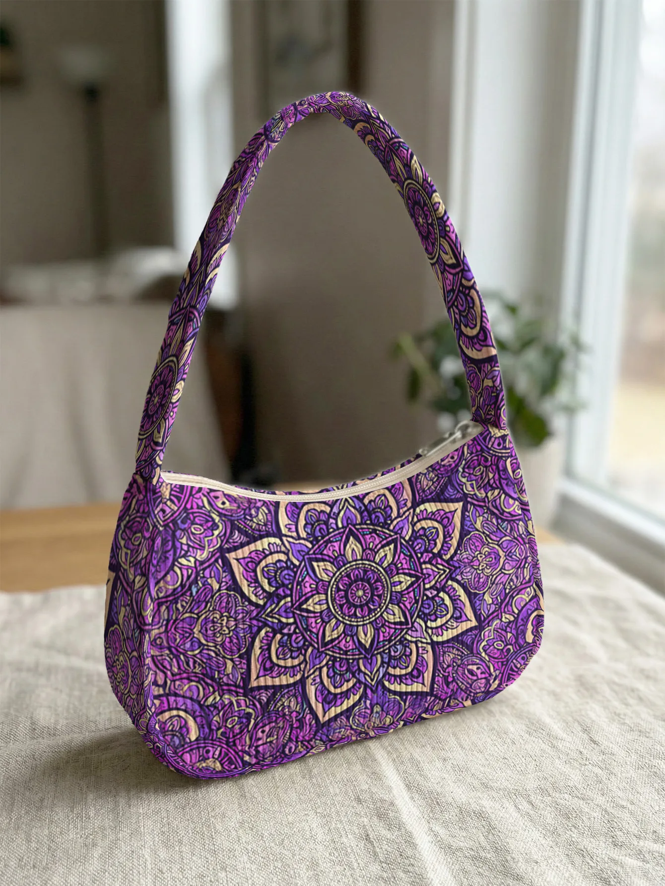 

Trendy Purple Mandala Print Shoulder Bag, Corduroy Underarm Bag for Daily Casual Use