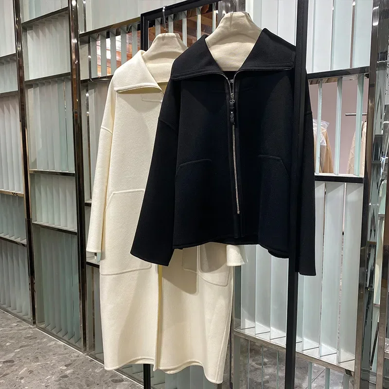 

Autumn and Winter New Selection White Fleece Double sided Cashmere Coat Flip Collar Outline Medium Length Woolen Coat for Women