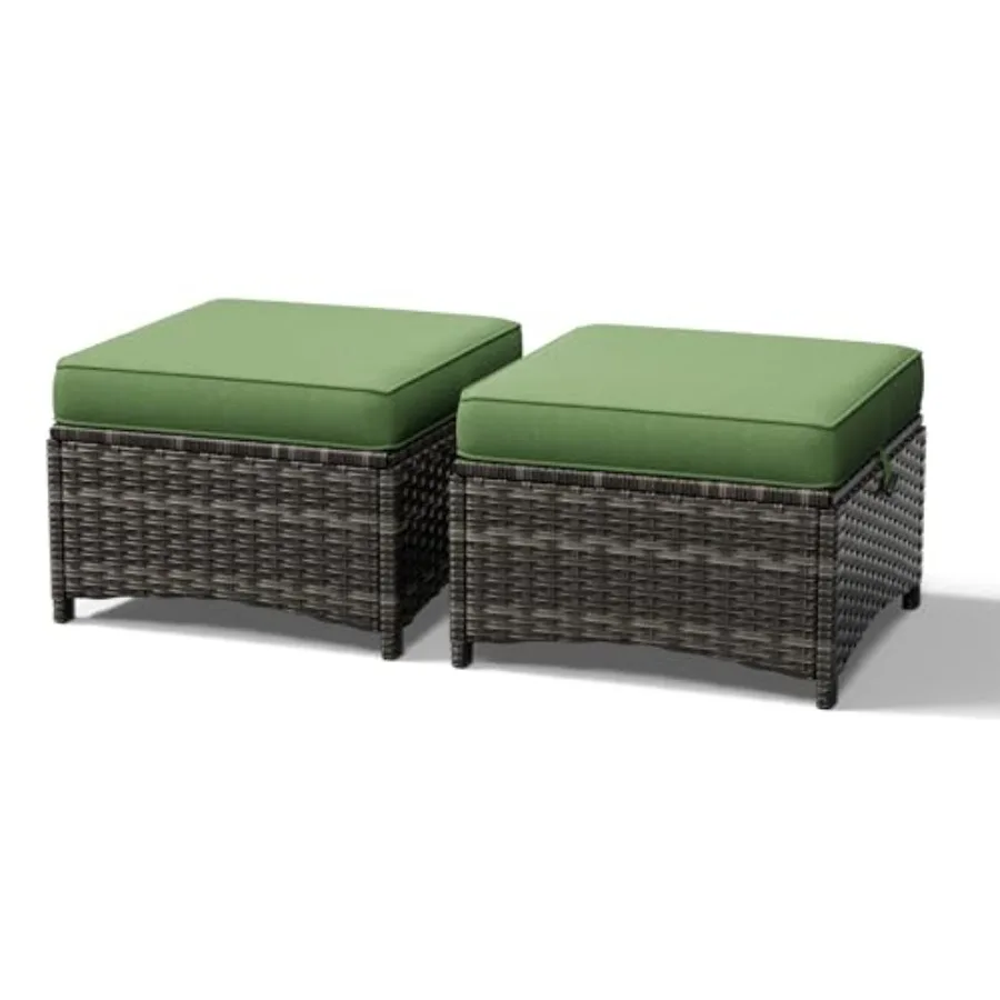 

Outdoor Ottoman Set of 2, Wicker Patio Footrest with Thickened Beige Cushions for Porch and Deck Use
