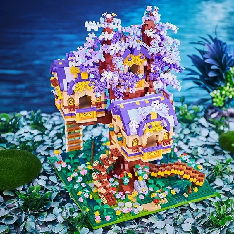 Lila Blume Baum Haus Gebäude Mikropartikel Baustein Klassisches Modell Mädchen Junge Schwierige Montage Miniatur Blöcke Spielzeug K