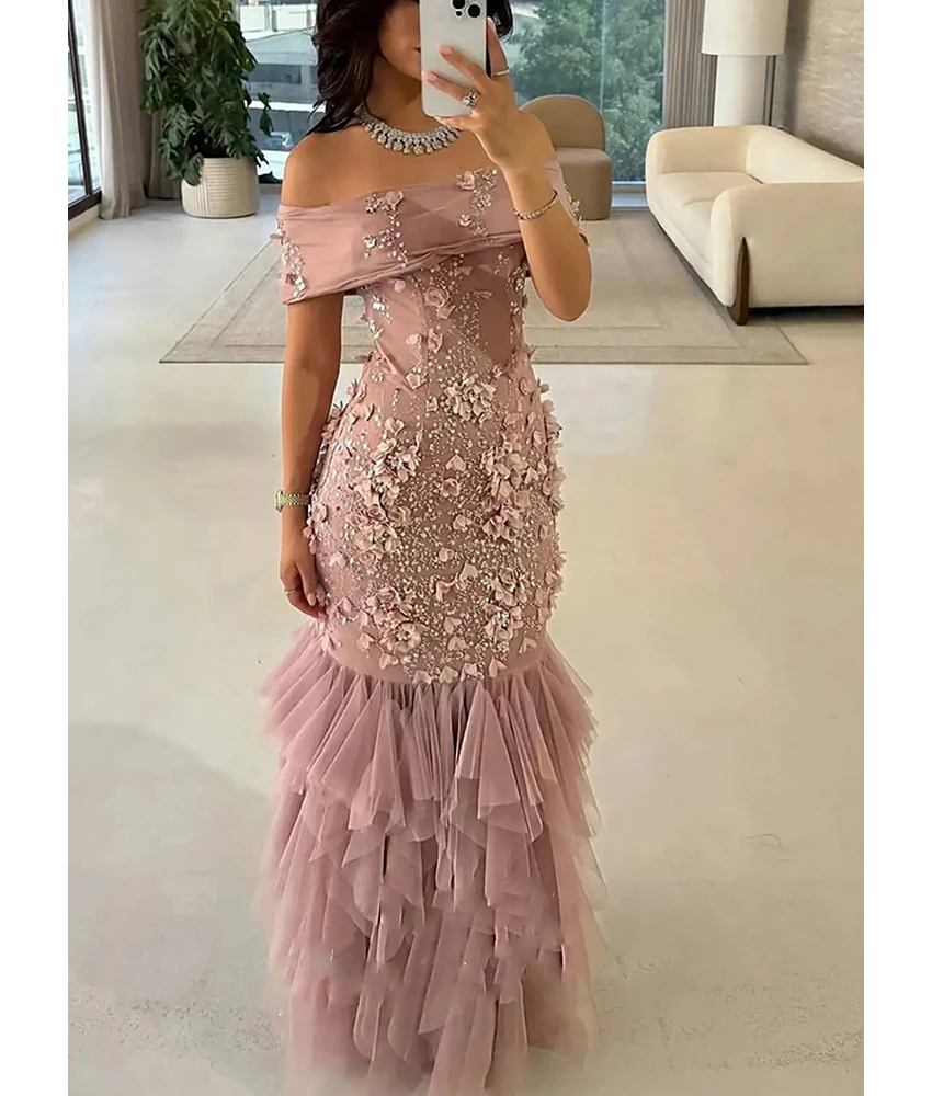 

Вечернее платье MCDV на заказ: Изящное, из тюля, фасон «русалка», с открытыми плечами, расшитое пайетками, бисером, 3D цветами и многоярусными оборками, для вечеринок