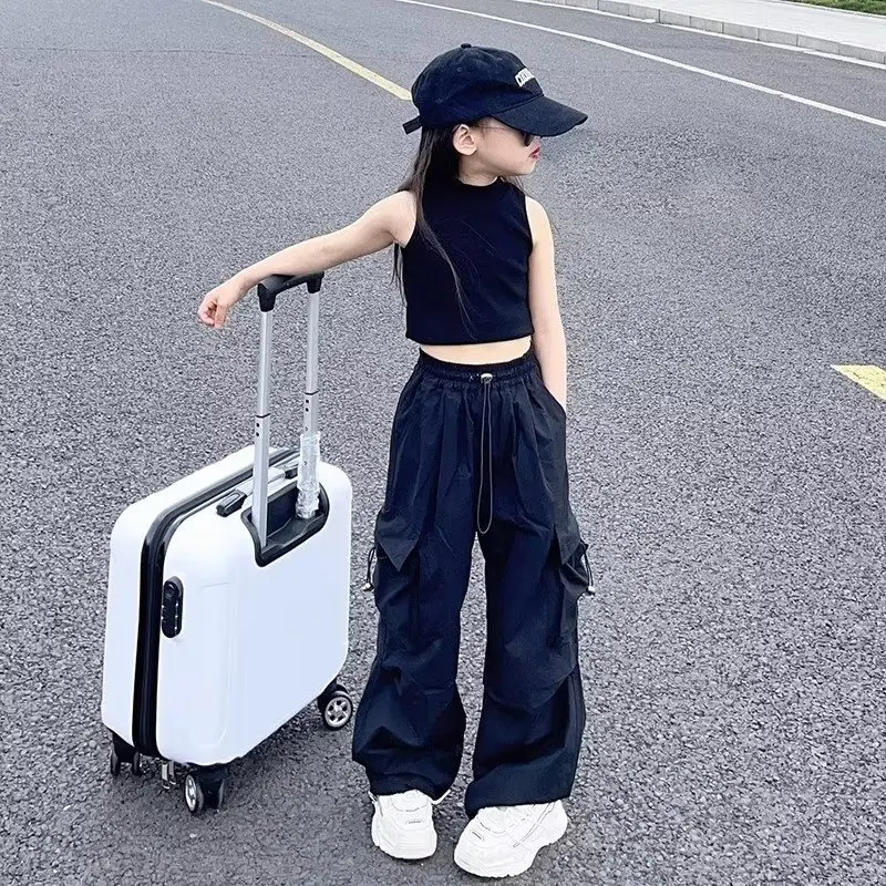 Girls Casual Cargo Pants Kids Solid Colour Sweatpants Children Vintage Streetwear Hip Hop Pants New Elastic Waist Baggy Trousers