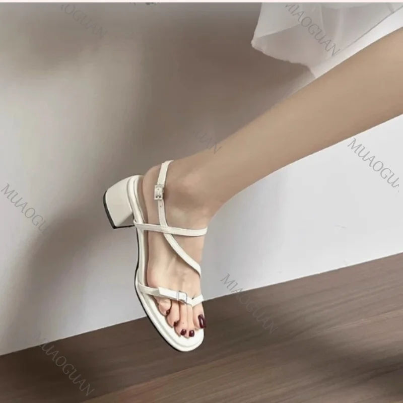 Sandals Designer New 2026 Dress Women Metal Decoration Ladies Narrow Band Buckle Thick Heels Female Shoes Outside Party Clip Toe