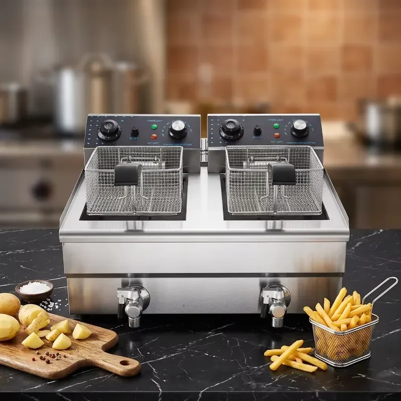 Double Tank Electric Fryer 26L Dual Thermostat High Efficiency Commercial Kitchen Equipment for Medium Restaurants Bakeries