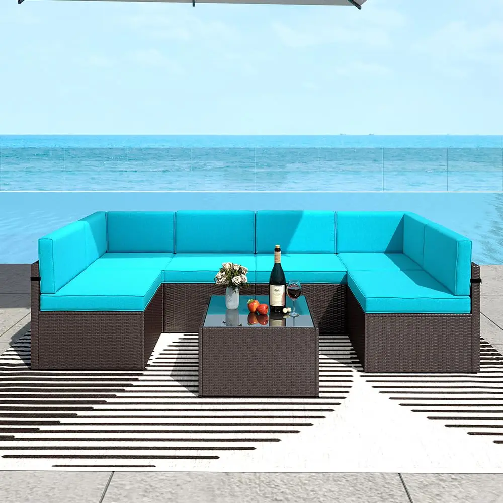 7 PCs Outdoor Patio Furniture PE Wicker Rattan Sectional Conversation Sofa Set, Turquoise