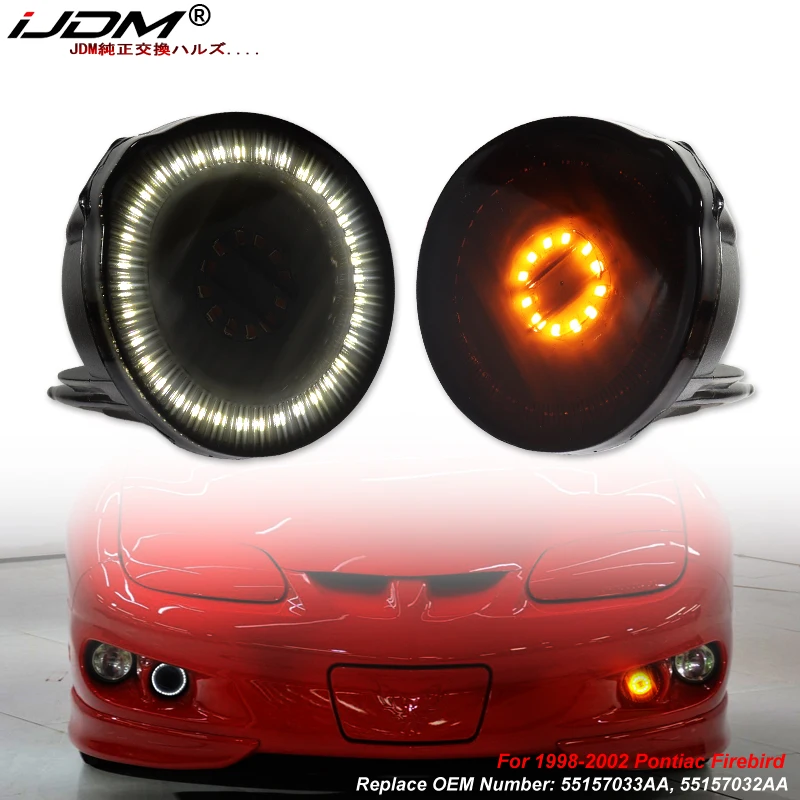 iJDM Car Front Turn Signal Light Assembly For 1998-2002 Pontiac Firebird, White LED Parking/Driving & Full Amber LED Blinker