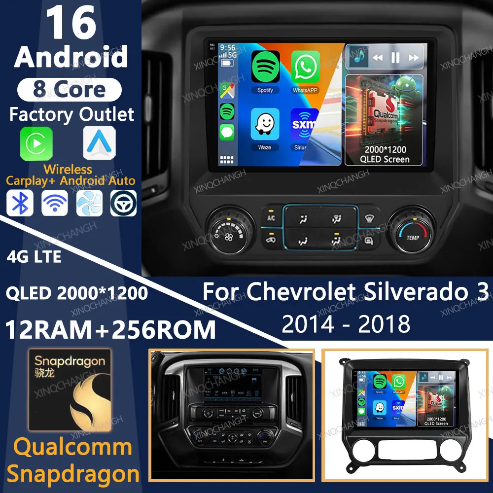 Android 16 Car Radio For Chevrolet Silverado 3 GMTK2 2014 - 2018 Qualcomm Carplay Auto 4G LTE 5G WIFI QLED 2DIN GPS Head Unit BT