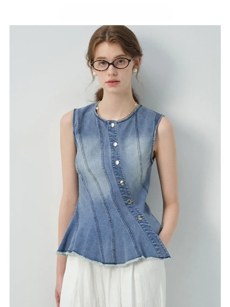 

VEGA CHANG Denim Vest Women's New 2025 Summer Design Slim Fit Vintage Waed Svel Top Asymmetric Commute Sle Thin