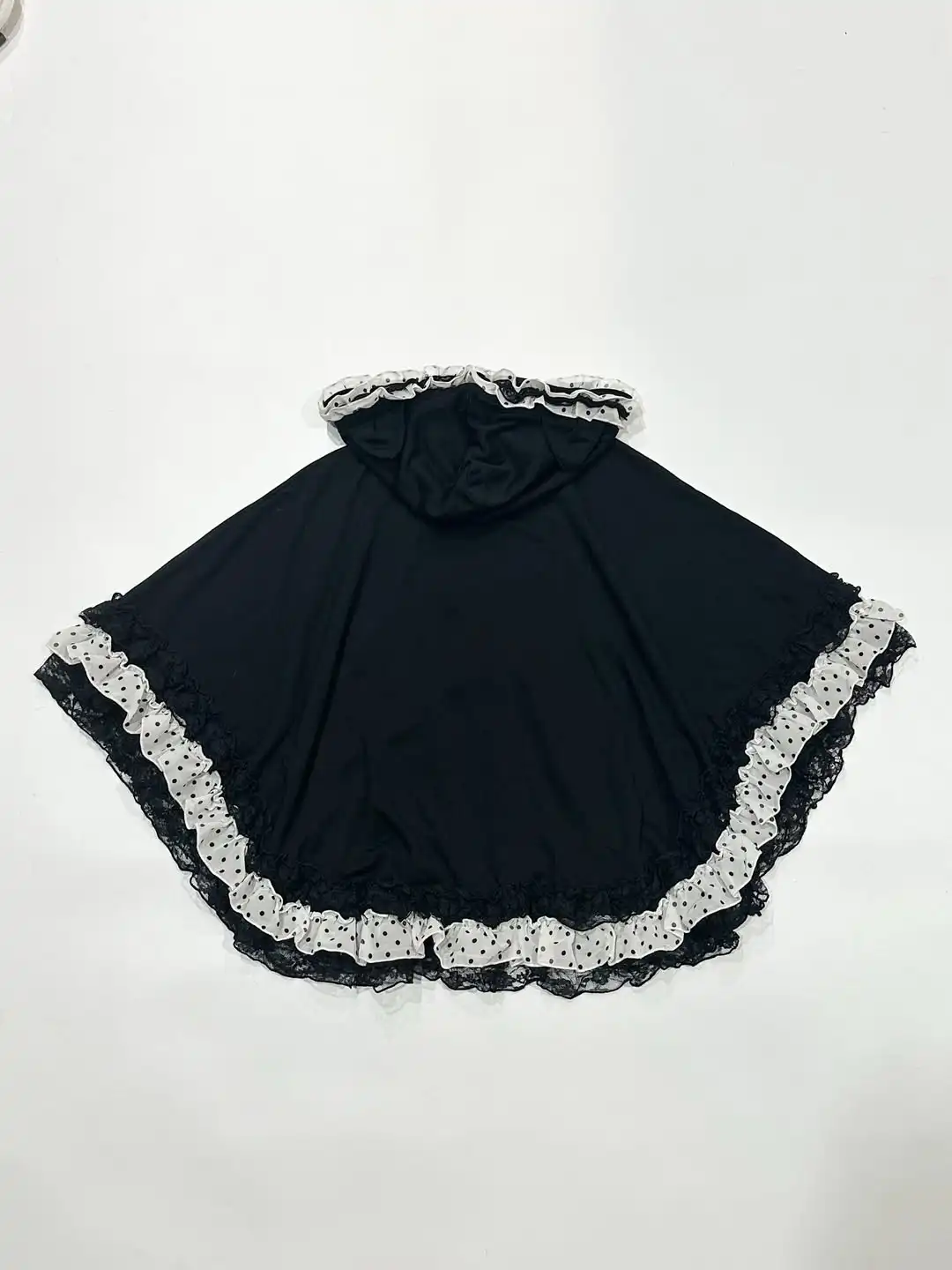 New autumn vintage Y2K sweet and cool Lolita cat ear hooded cloak with polka dot bow and lotus leaf lace layered cloak jacket