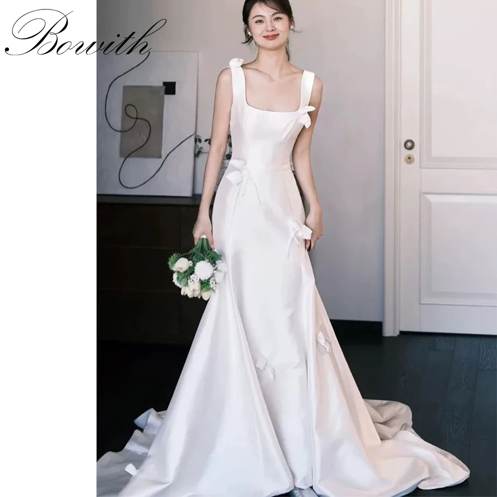 

Bowith Korean Wedding Dresses Square Collar Sleeveless Satin Bridal Gown Customized Photo Shoot Dress for Bride