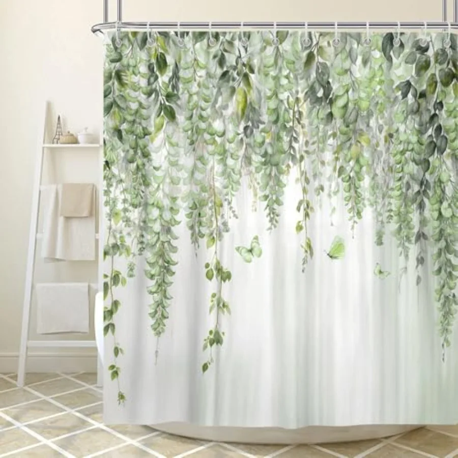 

Sage Green Lavender Floral Butterfly Shower Curtain Spring Green Lilac Flower Leaves Fabric Shower Curtains Set for Girl Bathro