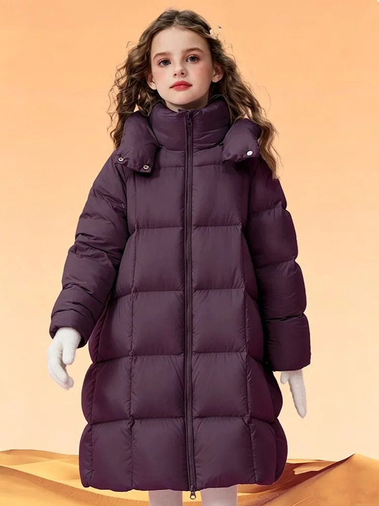 Wintermantel für Mädchen, lang, mit Kapuze, aus 90 % weißen Entendaunen, wasserdichtes, winddichtes und schmutzabweisendes Material, warme Daunenjacke für kaltes Wetter, für Kinder von 4 bis 14 Jahren. – Detail 7