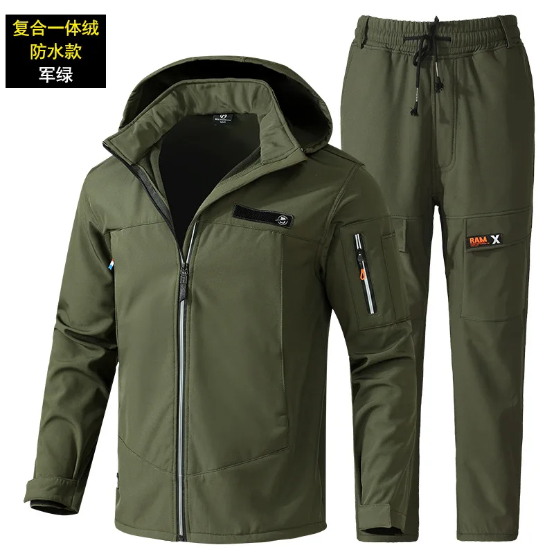 Autumn and Winter Velvet Waterproof Windproof Warm Storm Jacket Soft Shell Suit Men and Women Fishing Outdoor Suit