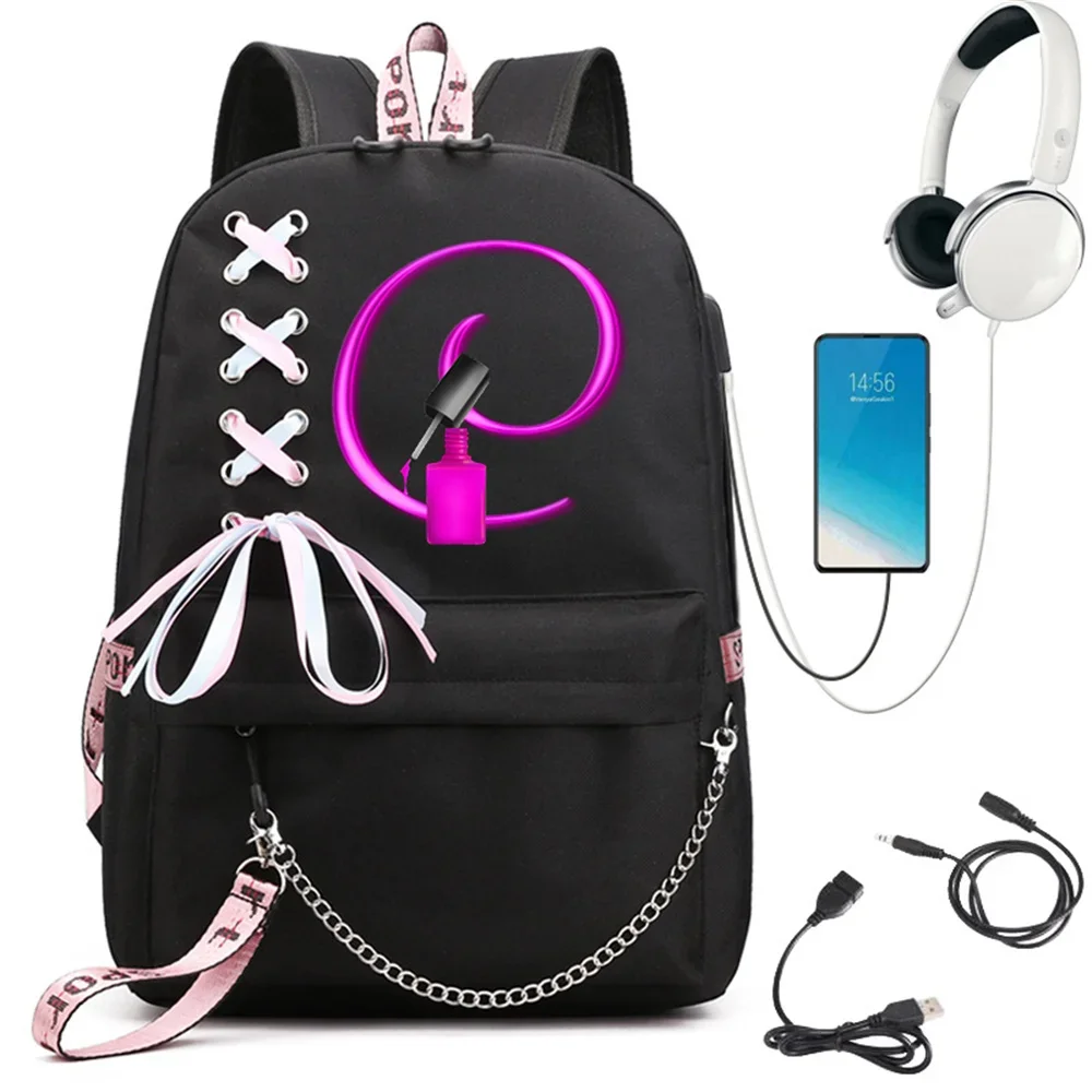 Women Backpacks Teen Girls School Bag Rucksack Usb Schoolbag Nail Polish 26 Letters Name Design Students Bookbag Travel Mochila