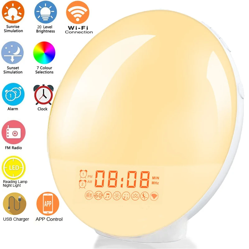 

LED Smart Wireless Night Light Digital Wake Up Light Workday Alarm Clock Sunrise/Sunset Smart Life Induction Lamp Home Decor