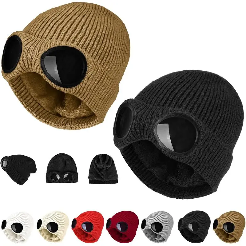 2PCS Goggle Knit Beanie with Goggles Unisex Goggle Knitted Beanie Hat Windproof Warm Winter Skull Cap