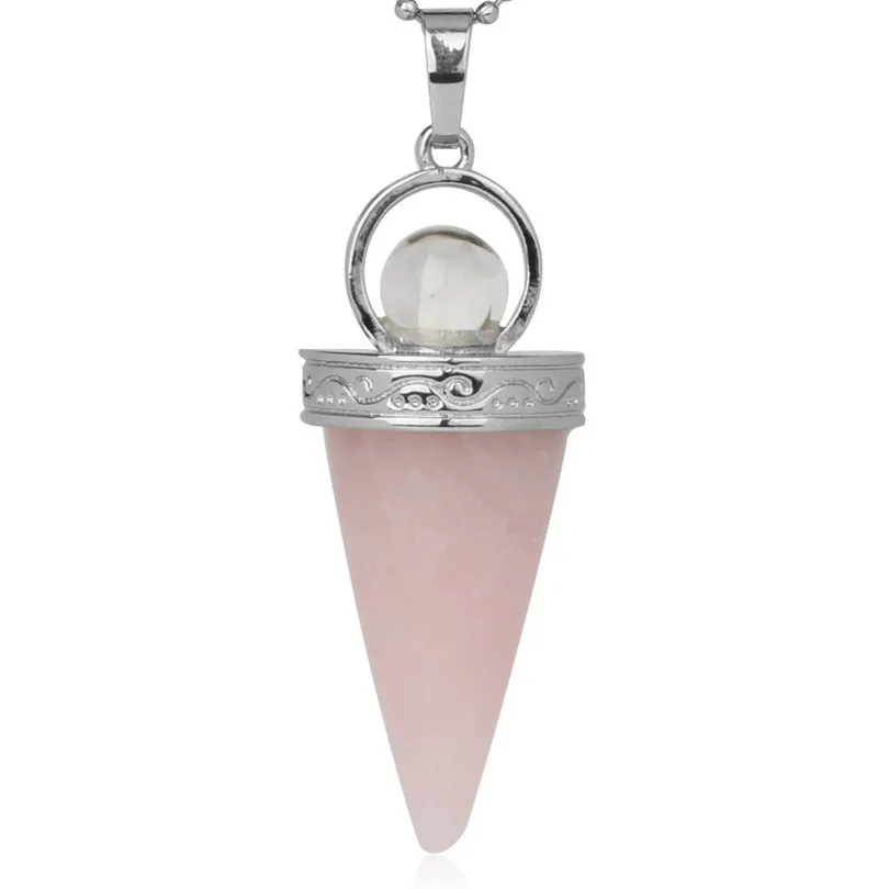 Natural Crystal Clear Quartz Cone Pyramid Pendants For Women Men Amethyst Lapis Stone Round Bead Pendulum Pendant Amulet Jewelry