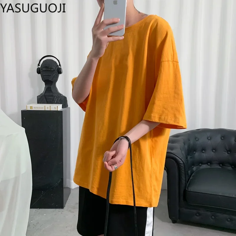 YASUGUOJI Plain Oversized T Shirt Men Bodybuilding and Fitness Loose Casual Lifestyle Wear T-shirt Male Streetwear Hip-Hop Tops