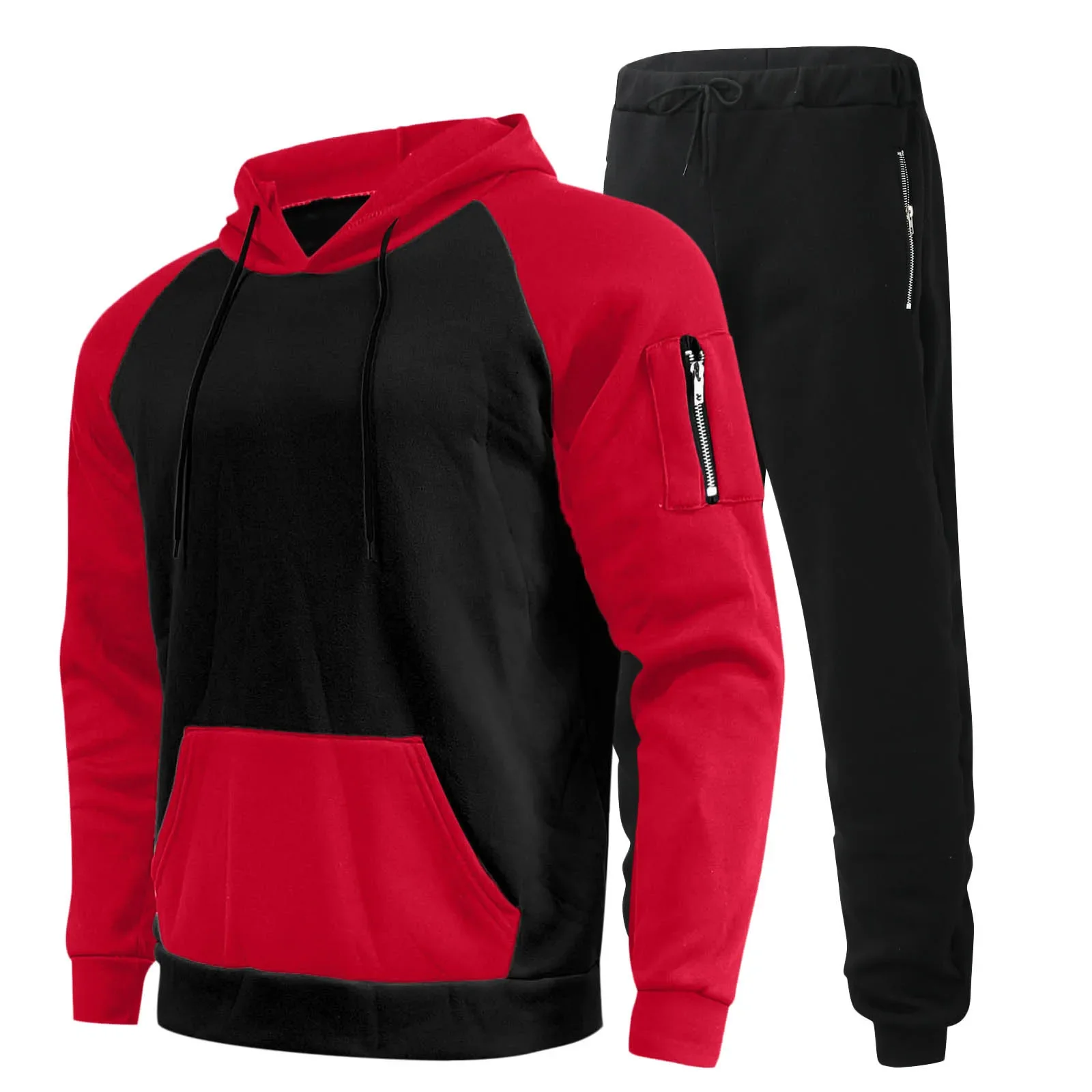 Conjunto de treino monocromático de 2 peças para homem, hoodies com calça, manga de bolso, roupas esportivas casuais, conjunto elegante