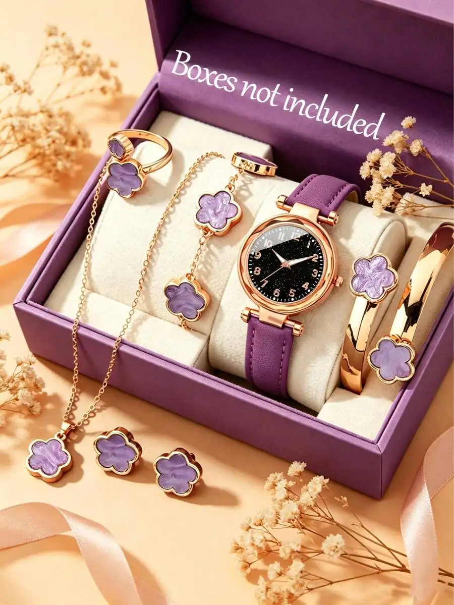 One Delicate Women's Quartz Watch With PU Leather Strap Paired With A 6-Piece Flower-Themed Accessory Set, Perfect For Casual