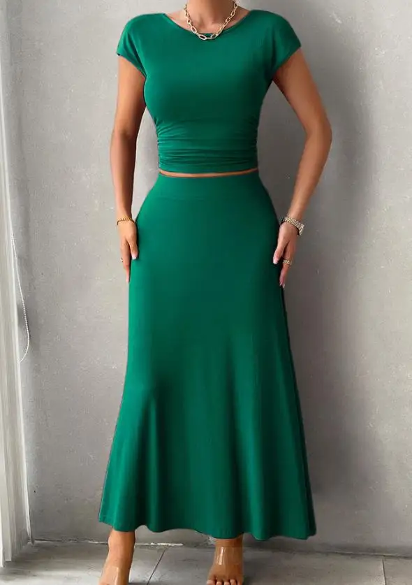 

Women's 2-Piece Summer Elegant Classic Casual Solid Color Round Neck Short Sleeved T-Shirt and High Waisted A-Line Skirt Set