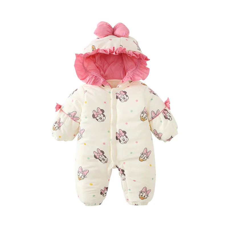 

MINISO Minnie Winter Baby Girl Onesie Hooded Cotton Bow Design Thickened Newborn Climbing Clothes 0-1 Years Bodysuits Jumpsuit