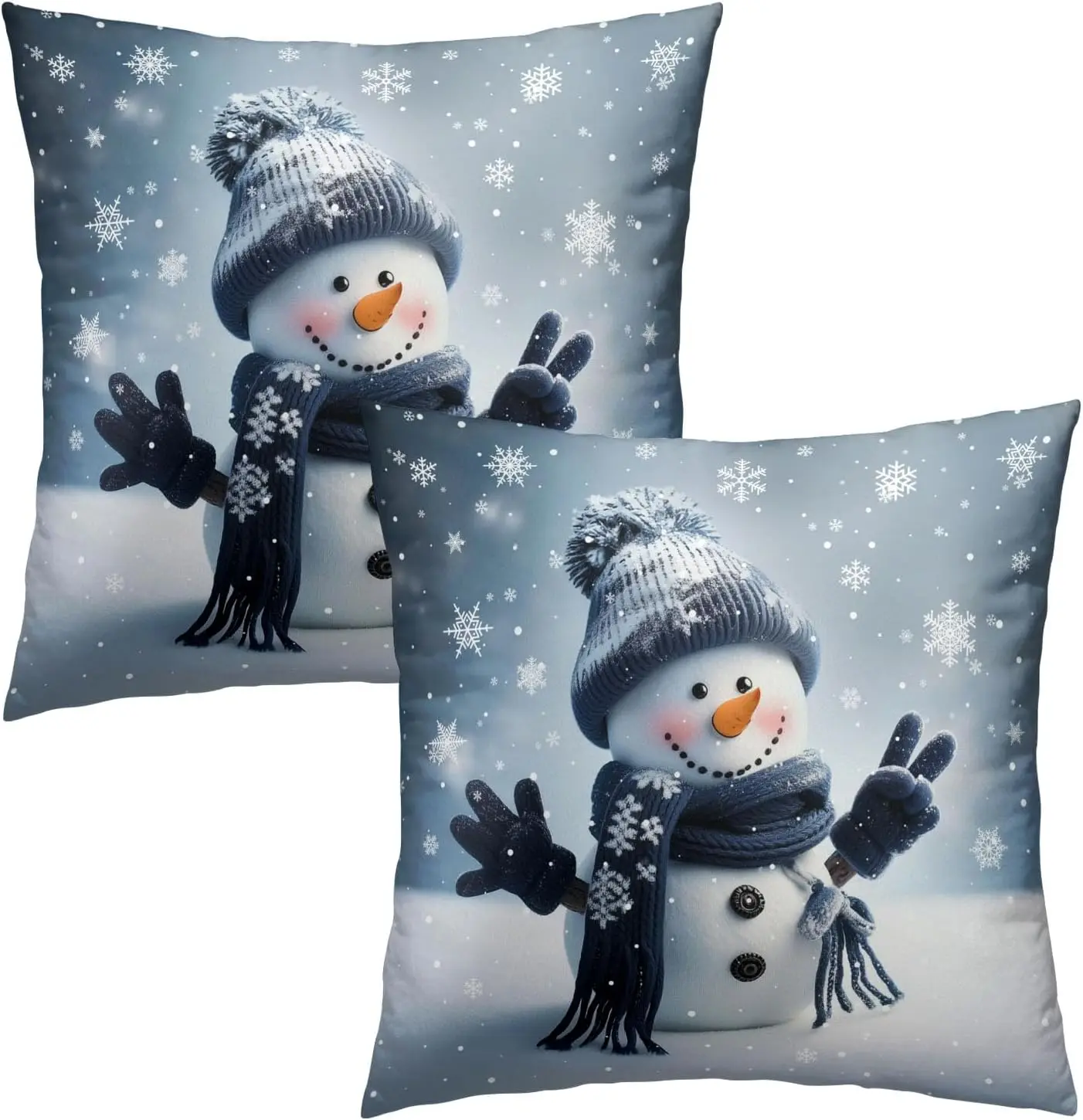 Winter Snowman Throw Pillow Covers 18X18 Inches Set of 2 Xmas Snowflake Blue Pillowcase Soft Cotton Square Winter Cushion Cover