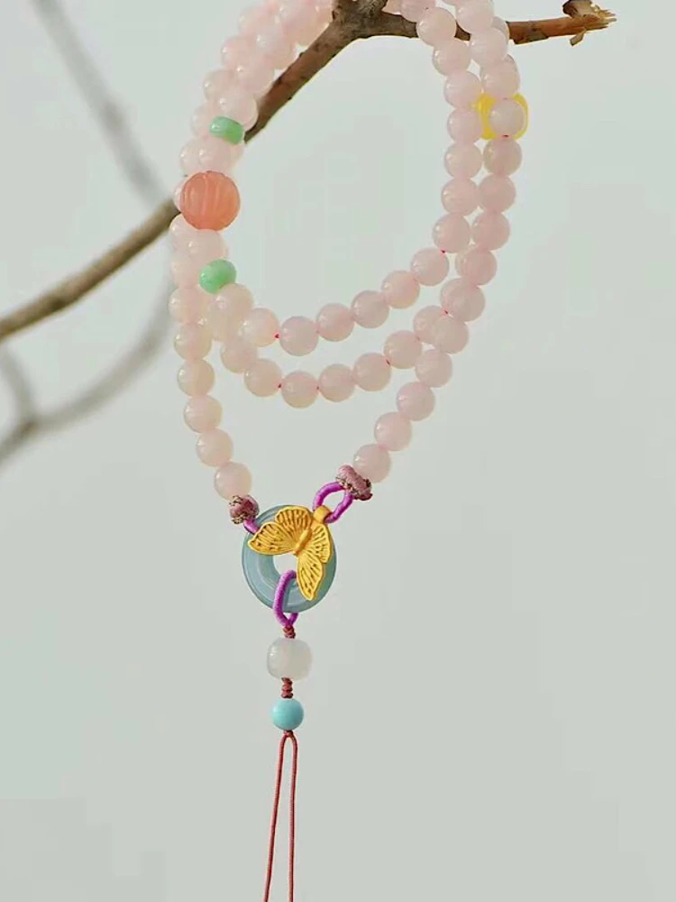 Natural Hetian Jade Butterfly Necklace Bracelet Dusty Pink Women